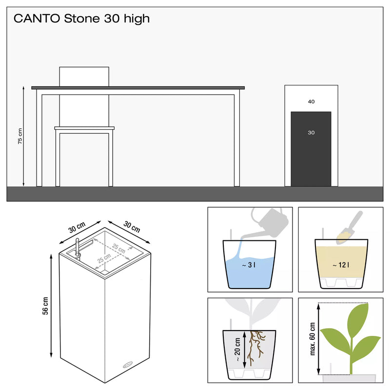 Lechuza - CANTO Stone High Vaso con Sistema di auto irrigazione integrato