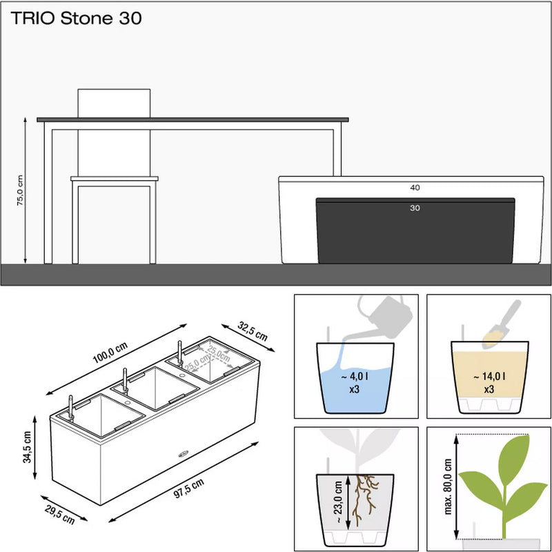 Lechuza - TRIO STONE Outdoor planter with integrated self-watering system